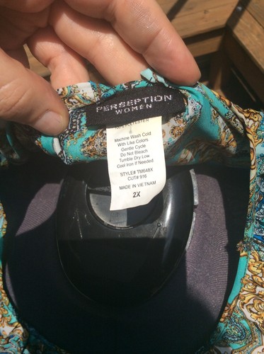Plus Size Blouse Short Sleeves Tie Front Baroque Print Blue Green Gold 2X - Picture 5 of 5