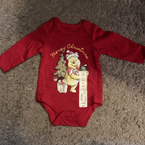 Disney Baby Winnie The Pooh Merry Christmas Body Suit Size Newborn Red Snap New - Picture 1 of 5