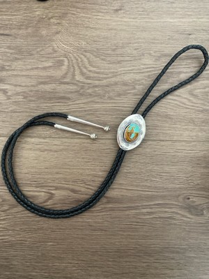 NAVAJO CONCHO TURQUOISE BOLO TIE 22'' SIGNED KM (WCP023315)