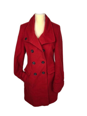 DKNY Double Breasted Wool Coat Red Trench Long Overcoat Sz Gr8 $349 