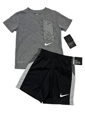 Nike NWT Boys Size 6 NIKE Logo Gray T Shirt Black Shorts 2 Piece Set Outfit