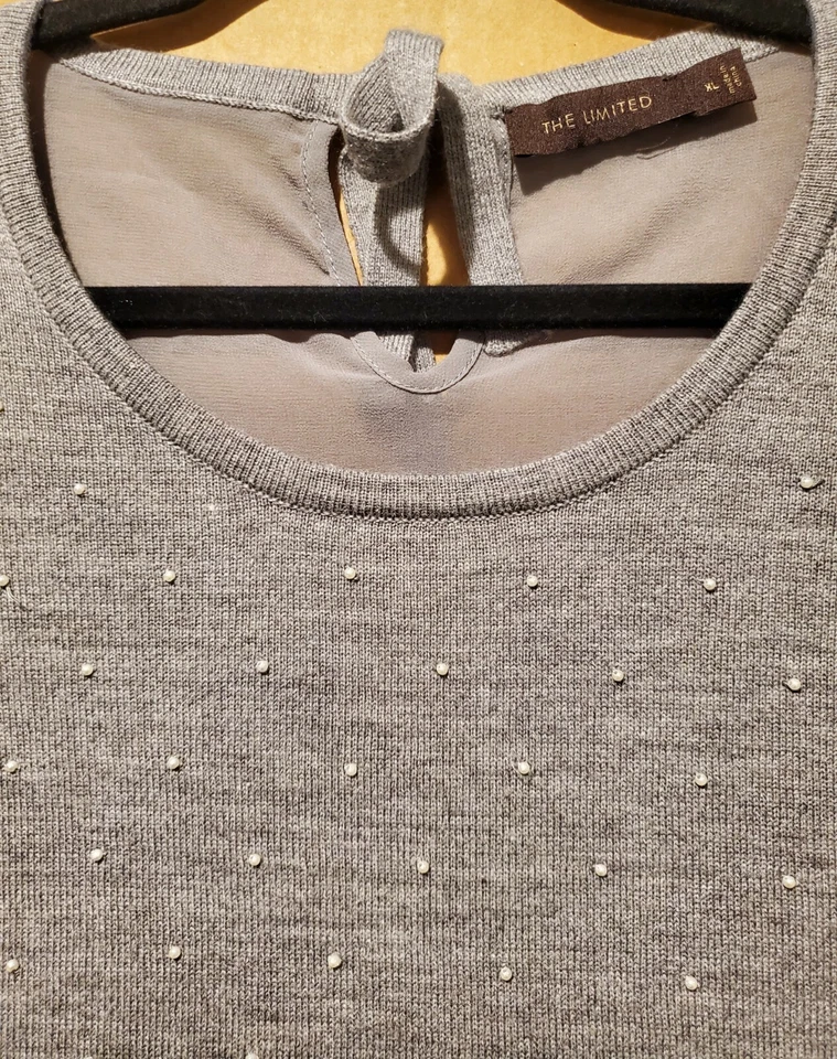 The Limited Women's Pullover Sweater XL Gray White Pearls 3/4 Sleeve Round Neck  - Image 3 of 4