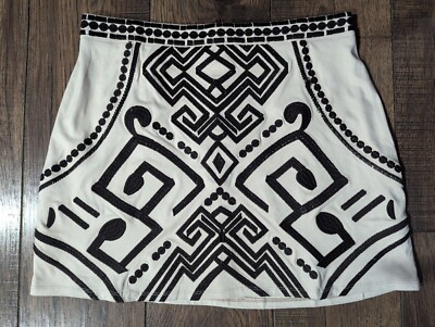Savanna Jane Embroidered Estrella Faux Suede Skirt Cream w/ Black Geometric NWT