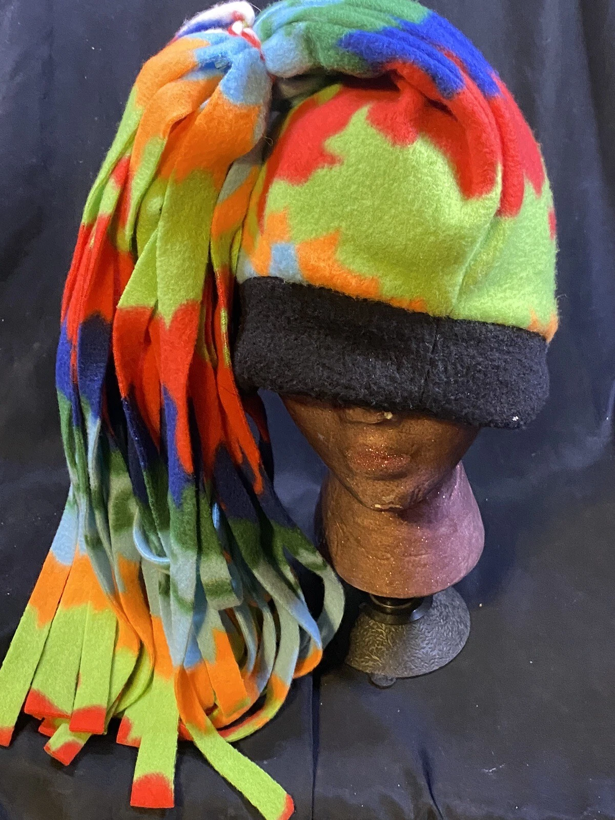 VINTAGE FLEECE RAINBOW COLOR FUN WINTER HAT UNIQUE RARE PONYTAIL BEANIE