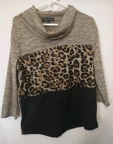 Vintage Rose Animal Print Cow Neck 3/4 Sleeve Women's Shirt Small
