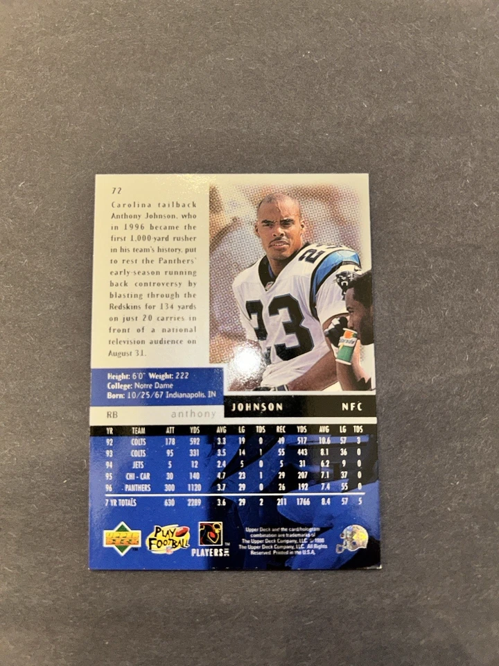 1998 UPPER DECK BLACK DIAMOND FOOTBALL CARD ANTHONY JOHNSON #72 PANTHERS NFL - Image 2 of 2