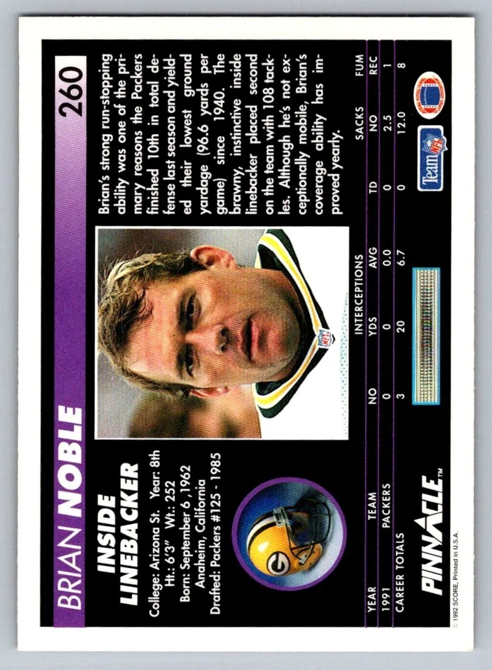 1992 Pinnacle - #260 Brian Noble - Image 2 of 2