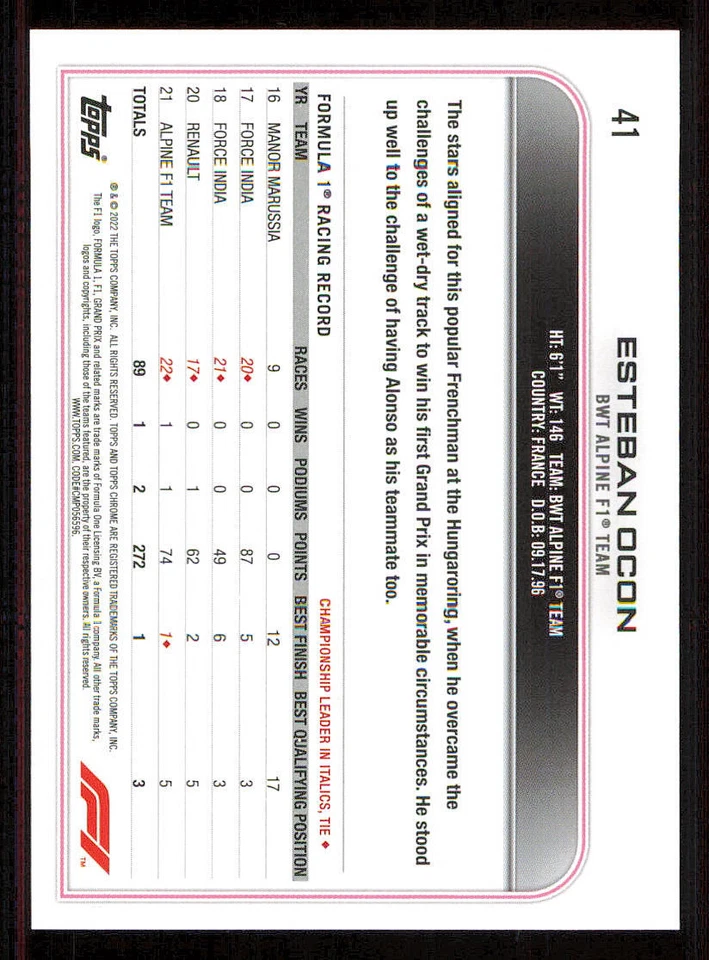 2022 Topps Chrome Formula 1 #41 Esteban Ocon - Image 2 of 2