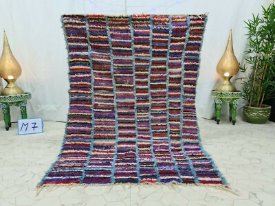 Vintage Moroccan Handmade Rug 4'1''x6' Berber Striped Purple Red Cotton Rug
