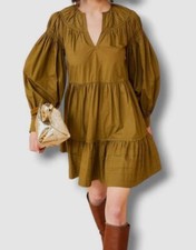 $345 Ulla Johnson Women's Beige Rosa Puff-Sleeve Poplin Mini Dress Size 2