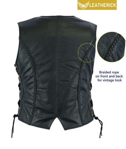 Ladies Braided Motorcycle Leather Vest Waistcoat Black with Side Laces AUS Stock - Bild 3 von 7
