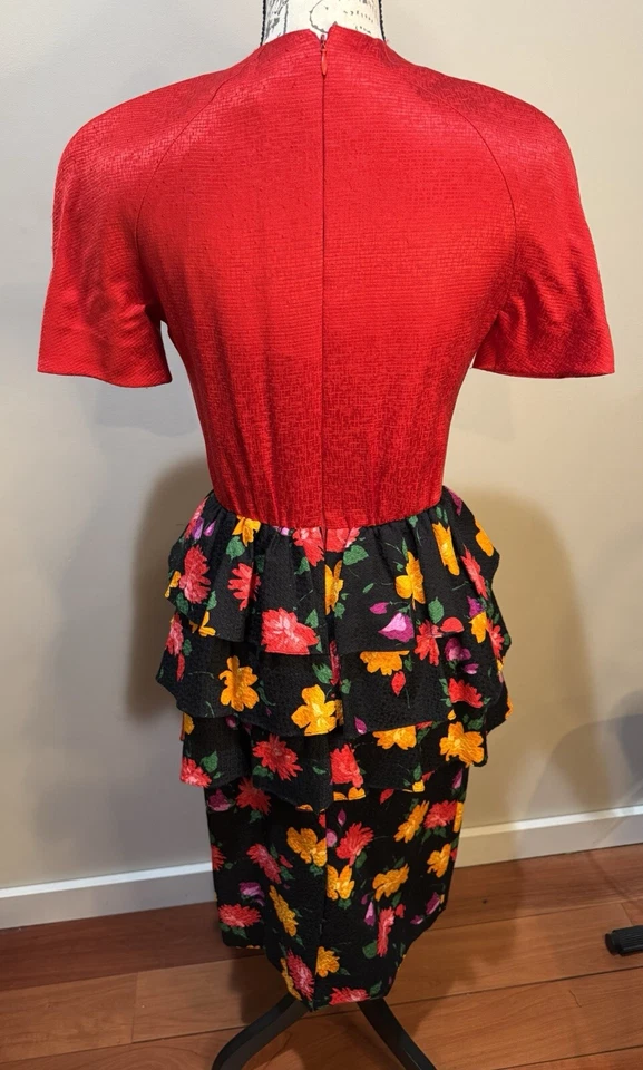 Vestido Vintage Años 80 Diane Dickinson para Gentillesse Seda Algodón Peplum 6 Floral Foto 3 de 4