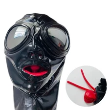 Black Latex Hood Mask with Eye Glass 15cm Long Nose Tube Teeth Gag Handmade