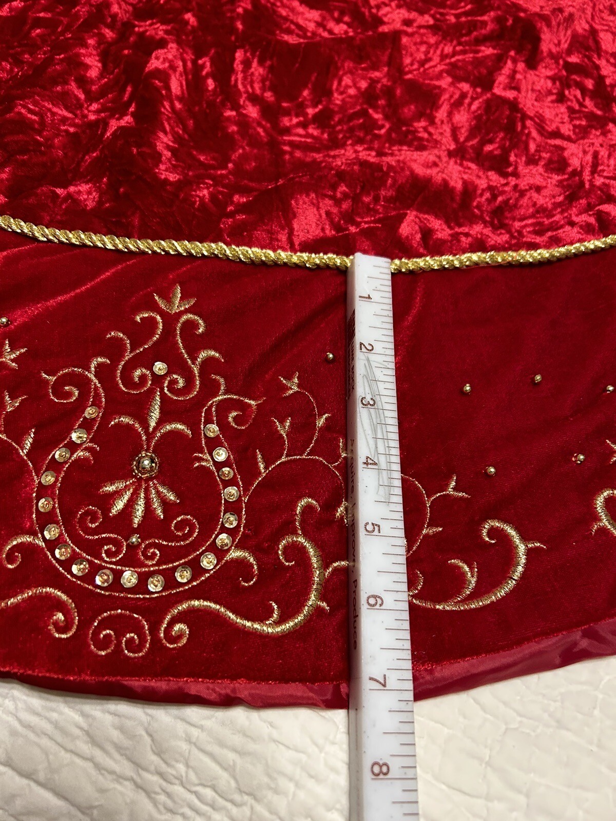 Santa’s Best Tree Skirt Red Crushed Velvet w/Gold Trim 54" Rhinestones