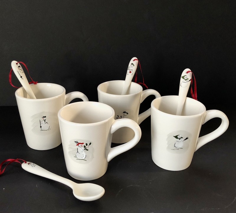 (Set of 4) Williams-Sonoma Collectible Ceramic Snowman Mugs & Matching Spoons