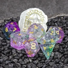 Sage's Kaleidoscopes Purple/Green Cracked Glass Gloss Finish Polyhedral Dice Set
