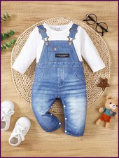 Summer 0-1 Years Old Infant Baby Boys Fake Denim Print Long Sleeved