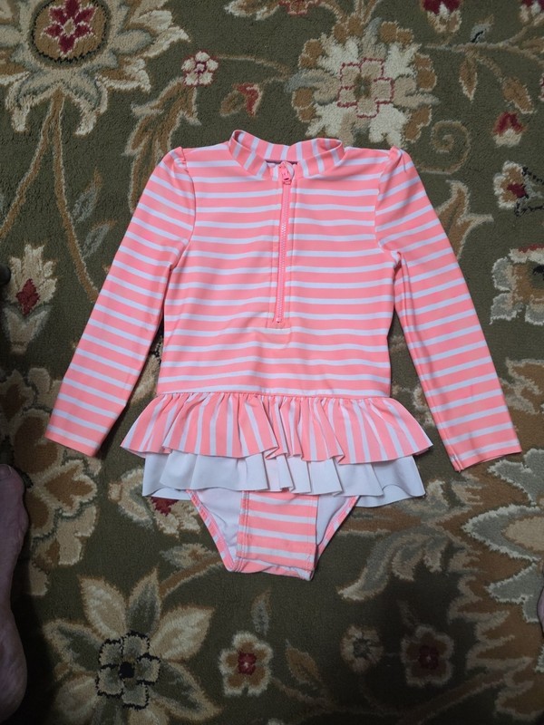 Girls Sz 4T Peach Stripe Zip Long Sleeve Ruffle Swimsuit