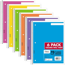 Spiral Notebook, 1 Subject, Wide Ruled Paper, 8" X 10-1/2", 70 Sheets