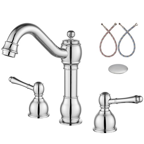 Widespread Bathroom Sink Faucet Polish Chrome 8 Inch Double Lever Handle 3 Ho...