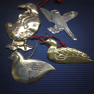 4 Vintage Brass Birds Christmas Ornaments: Duck Goose Pigeon Quail 4'' to 5.5''L