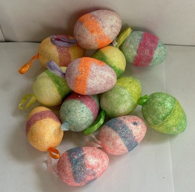 GLITTER FINISH STYROFOAM 1.5  EGGS W/ HANGER EASTER SPRING DECOR SET OF 12