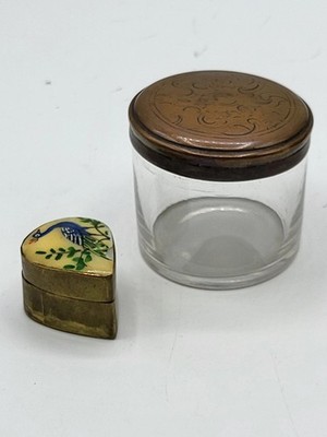 ZP - Set 2 Schachteln Vintage Emaille Vogel & Glas Deckel Kupfer