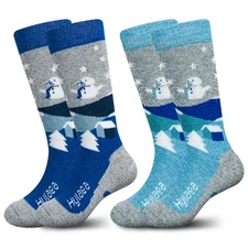  Merino Wool Ski Socks Kids, Knee-high Warm Thermal Small Grey Blue (2 Pairs)