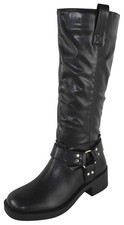 Berness Women Knee High Boots Buckle Riding Zippers Block Heel SPENCER Black PU
