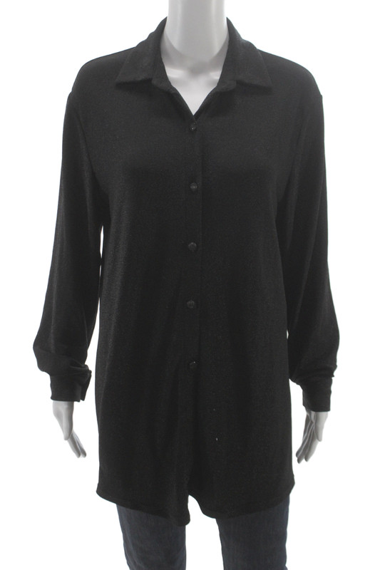 Muze Womens Black Collared Tunic Button Up Long Sleeve Polyester Sparkle Size L
