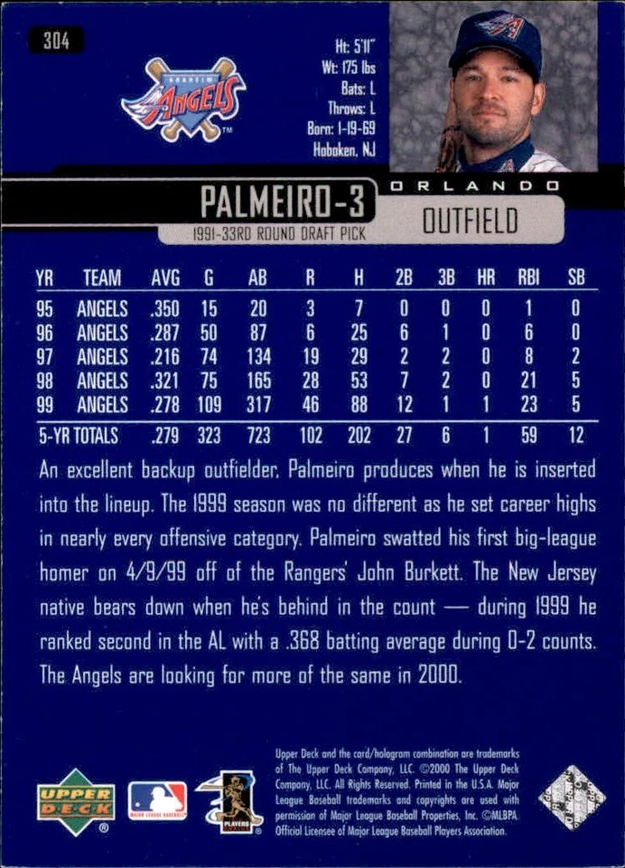 2000 Upper Deck Gold Reserve #7 Orlando Palmeiro Anaheim Angels - Image 2 of 2