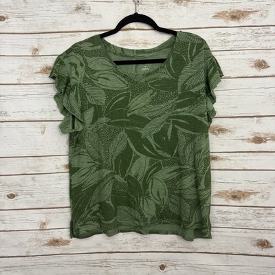 Anthropologie Pilcro Green Tropical Ruffle Short Sleeve Blouse Medium