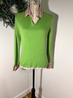 Vintage West Palm, L, knit ribbed V-neck, cotton  striped collar and button cuff
