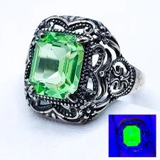 Sterling Uranium Glass Ring Emerald Cut Patina Filigree 925 Silver