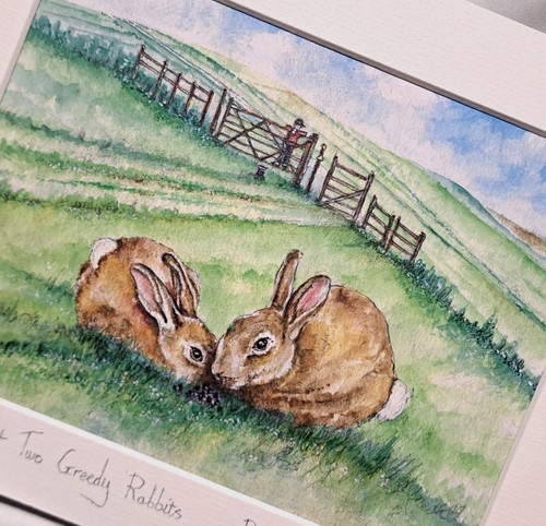 Original Hand Painted Watercolour Print of a sussex southdowns Rabbits - Picture 4 of 7