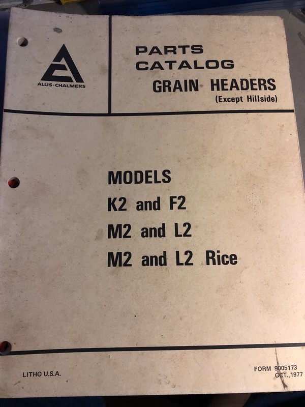 ALLIS CHALMERS GRAIN HEADERS PARTS CATALOG  COVERS K2/F2 , M2/L2 , M2/L2 RICE