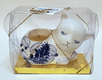 Cat Candle Holder Vtg 90s Blue & White With Aromatherapy Candle Vanilla Scented