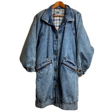 VTG Current Seen Denim Coat Womens M 80s Long Plaid Lined Stadium Chore Jacket