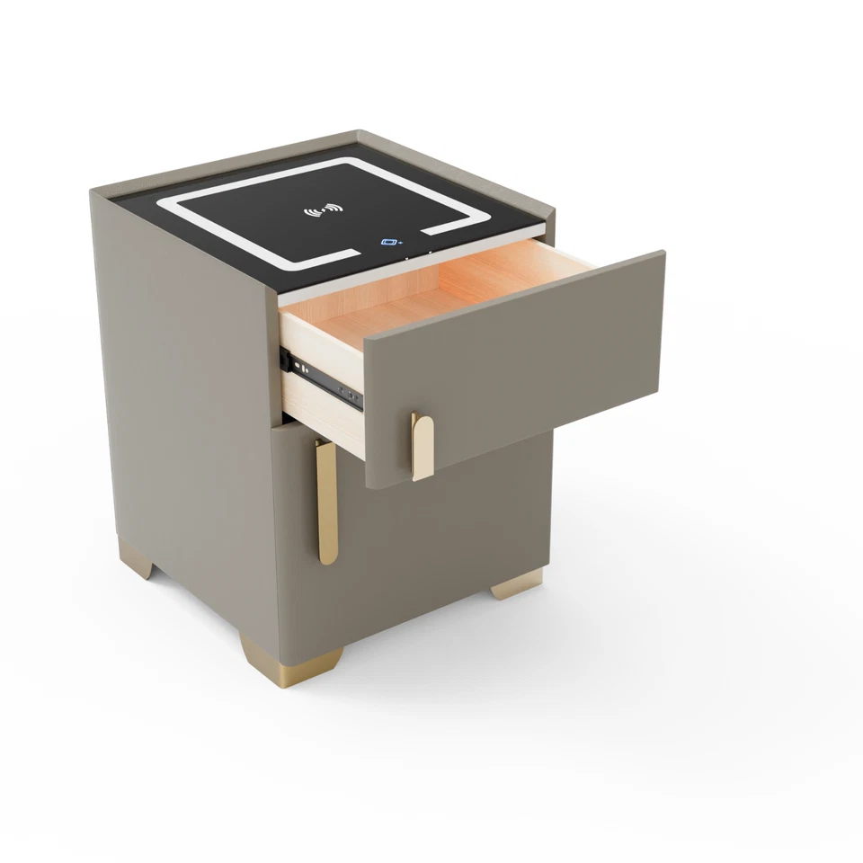 Mesita de noche inteligente Light Coffee con caja de seguridad, carga inalámbrica, altavoz Foto 2 de 4