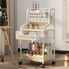 Small Rolling Craft Cart with Drawer, White Utility Art Cart, Metal Storage Cart
