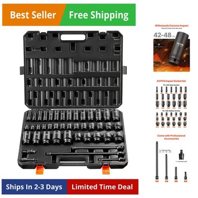 Impact Socket Set 1/2'' Socket Set 43 Piece Deep & Shallow SAE 3/8'' to 1-1/2'',...