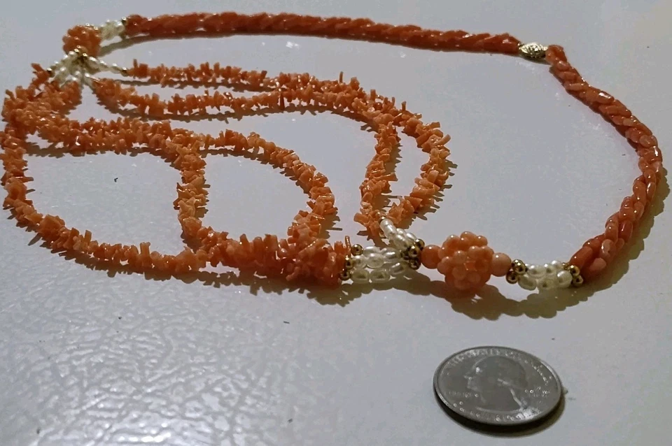 14K Natural Coral, Freshwater Pearl Multi-strand Beaded Necklace and Earrings - image 3 of 4