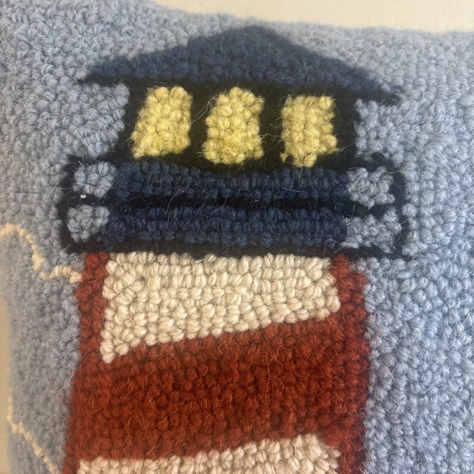 Lighthouse With Sailboat Wool Hooked Throw Pillow 16” Square Coastal Nautical - Image 2 of 4