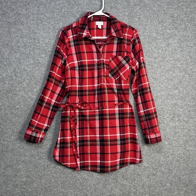 Isabel Maternity SZ M Red Plaid Twill Long Sleeve Button Shirt Dress Tie Waist