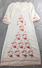 Vtg L/XL 70s Embroidered Caftan Muumuu Red White Cream Flowers Handmade Maxi