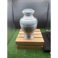 Large Adult Cremation Urn - Hand Engraved Blue Floral Metal Jar - 12  