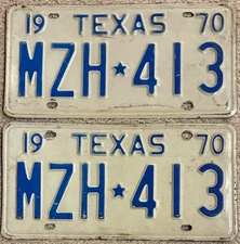 Nice Original Pair Of 1970 Texas License Plates MZH 413