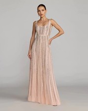 Mac Duggal 94080 Blush Pink Scoop Neck A-Line Gown With Striped Beading Sz 14