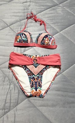 Venus Swim Suit Size 32C/34B/36A  Bikini Top Size 2 Bottoms Set Blue Peach