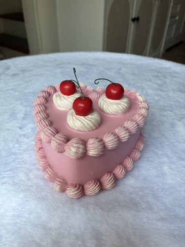 Heart Shaped Pink Cake Cherries Valentine’s Birthday Decor Vintage & Y2K Style